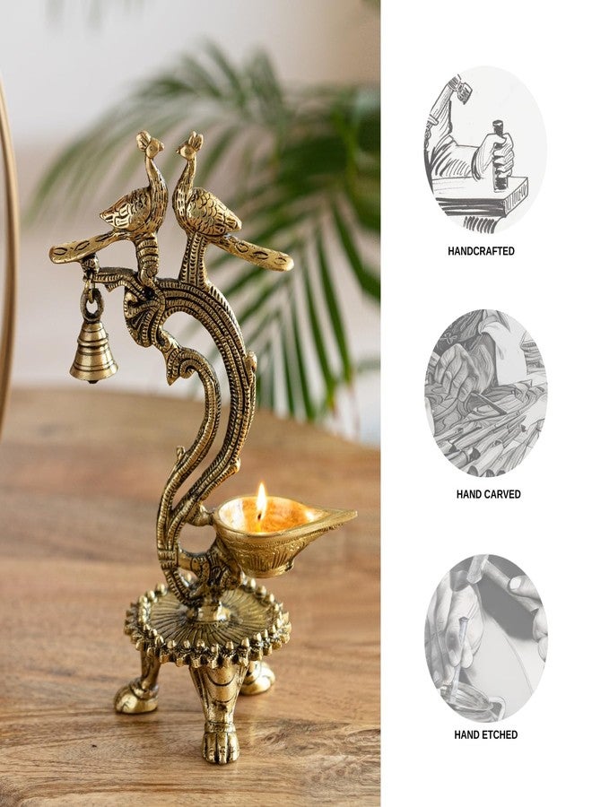 إكسكلوسيف لاين مصباح زيت نحاسي فاخر من ExclusiveLane بتصميم "زوج من الطاووس" لغرفة الصلاة، مزين بالأحجار الكريمة (نحاس نقي 100%، فتيل واحد، 20 مل، 1.3 كجم) | مصابيح زيت نحاسية لغرفة الصلاة، مصابيح زيت لتدفئة المنزل، مصابيح زيت للطاولة، هدايا تذكارية لعيد ديوالي - Image 5